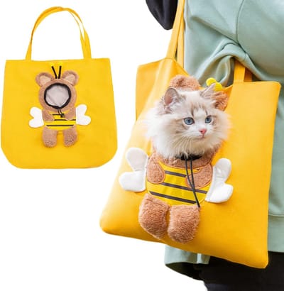 Daity Een draagtas voor katten, een schattige draagtas voor kleine honden met een beervormig hoofdje, een canvas schoudertas voor huisdieren, maat M, geschikt voor katten tot 4 kg en honden tot 3 kg (geel).