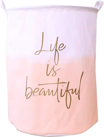 Opbergmand met handgrepen - Life is beautiful - Oranje/ wit - Wasmand Kinderkamer - Opbergen speelgoedmand - Wit - Oranje - Goud