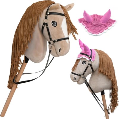 Stokpaard Perlino compleet met net, bit, teugel en muts - Realistische hobby horse voor kinderen vanaf 5 jaar, maat L