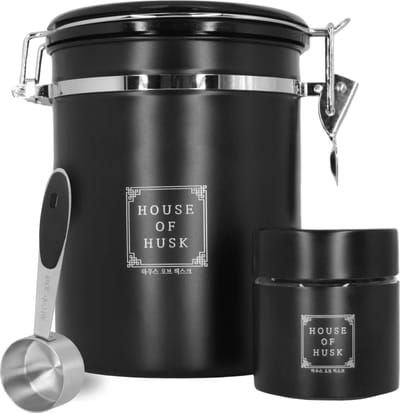 House of Husk Koffieblik met CO² Ventilatie 1.8 Liter - Bewaarblik - Voorraadbussen - Voorraadblik - RVS - Zwart - Inclusief Glazen Bewaarpot en Maatlepel
