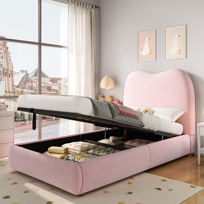 Gestoffeerd bed - eenpersoonsbed - kinderbed 90 x 200 cm - met bedframe - met hoofdeinde en opbergruimte - zonder matras - roze