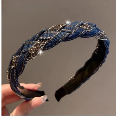 Nouveauté haut de gamme élégant rétro léger luxe strass denim accessoires pour cheveux bandeau tressé mode simple bandeau bleu foncé