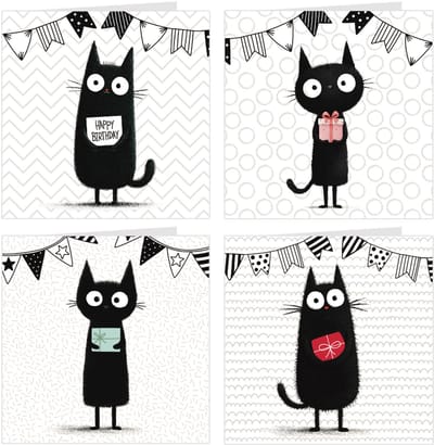4x verjaardagskaarten | KATTEN / POEZEN | wenskaarten / set kaarten met enveloppen | jarig / verjaardag