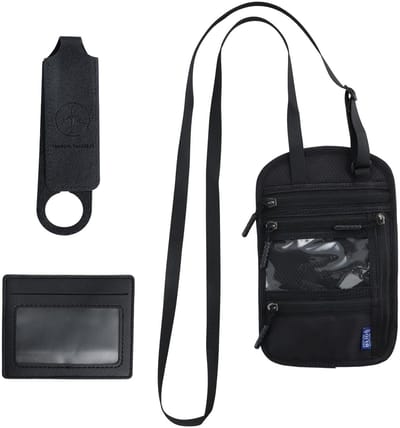 Dailygoods - RFID-blokkerende paspoorthouder reisportemonnee set - waterdichte reisdocumentenorganizer met verstelbare nekriem, kaarthouder en bagagelabel voor veilige reis (zwart)