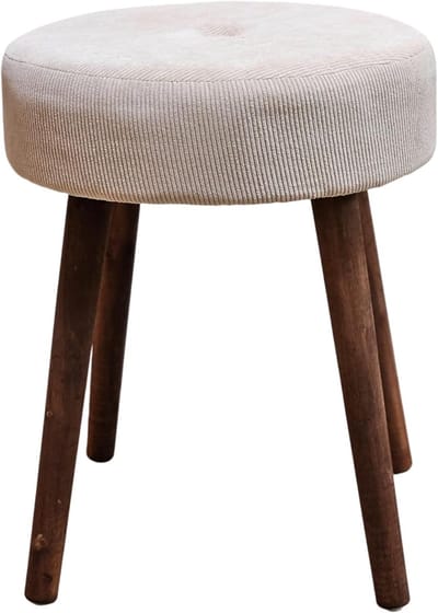 Gestoffeerde Kruk - Voetenbankje Rond - Extra Zitplek - Stevige Houten Poten - 35x45 cm - Beige