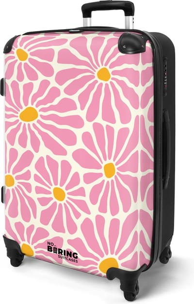 NoBoringSuitcases.com® - Koffer groot - Rolkoffer lichtgewicht - Beige met roze en oranje bloemen - Reiskoffer met 4 wielen - Grote trolley XL - 20 kg bagage - Ruimbagage reistrolley voor vakantie
