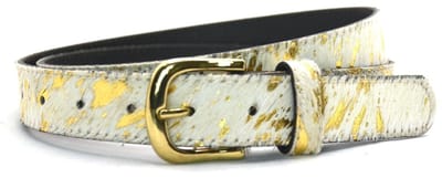 Mooie echt lederen Riem met koeienhuid koe-wit-goud print - 3cm breed maat 85 - Totale lengte 100 cm - goudkleurige gesp