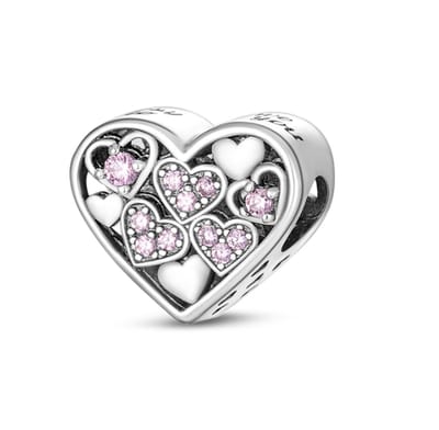 Fler® | Past op populaire bedel armbanden (standaard-3mm) | armbandbedel | Hartjes | Hartjesbedel | Bedel Charm | 925 Sterling Zilver | Emaille zwart | Zirkonia roze | Cadeau | Moederdag