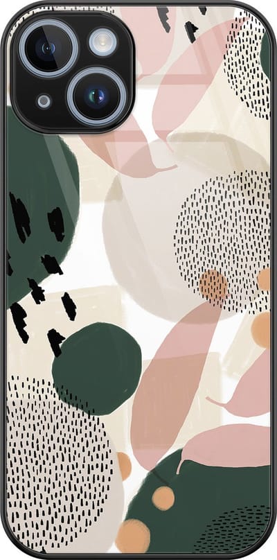 Hoesje geschikt voor iPhone 14 - Abstract print - Luxe Glazen Hardcase - Hippe print - Beige - Leuke Telefoonhoesjes
