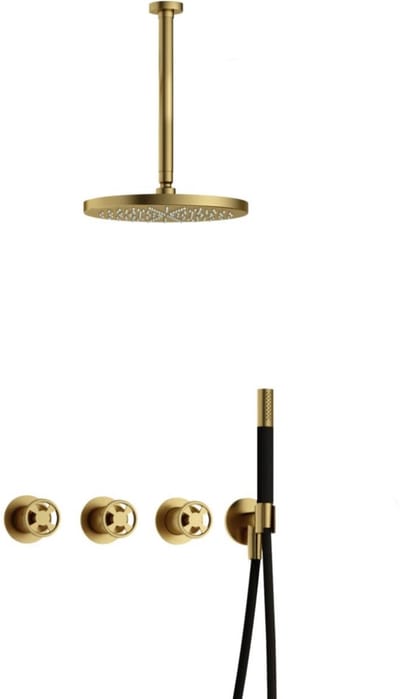 Hotbath Cobber - CW7067 - Inbouw Regendoucheset - Geborsteld Messing PVD - 2 Stopkranen - Thermostatisch - Plafondbuis 30 cm - Hoofddouche 300 mm - Ronde Handdouche - met M106 - Waterbesparend