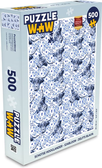 Puzzel Schotse hooglander - Sjabloon - Delfts blauw - Legpuzzel - Puzzel 500 stukjes