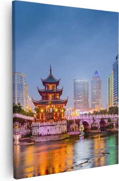 Artaza Canvas Schilderij Stad - 40x50 cm - Wanddecoratie China - Muurdecoratie Pagode Verlicht - Kamer Accessoires