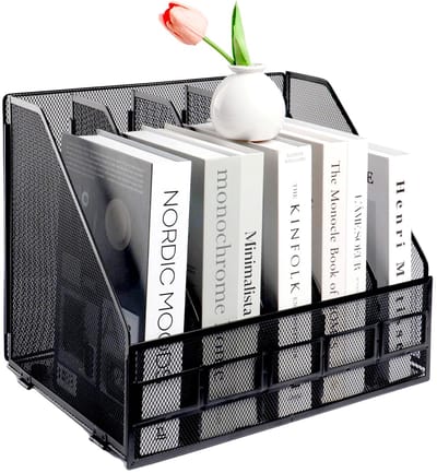 Metal A4 tijdschriftenhouder, desktop 5 secties documenthouder kantoorbestand opbergrek voor bureau opgeruimd, papieren organizer, archiveringsrek, 5 vakken, (zwart)