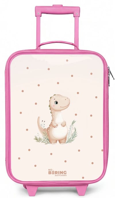 NoBoringSuitcases.com® - Kinderkoffer roze - Kindertrolley meisje - Beige dino op een stippen achtergrond - Koffer kind lichtgewicht - Reiskoffer trolley voor kinderen - Koffertje met lichtgevende wieltjes - Rolkoffer