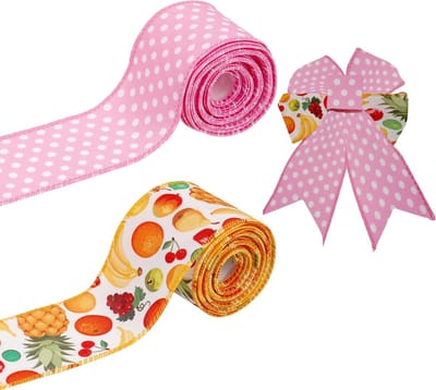 Kleurrijk decoratief fruitlint voor knutselen, 2 rollen met bedrade rand voor strikken, kransen en geschenkverpakking (2,4 inch x 10 m)