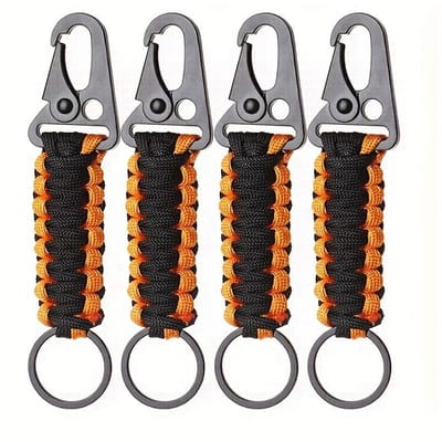 Lot de 4 porte-clés d'extérieur tissés à la main avec mousqueton, cordon tressé, anneau, crochet, clip pour le camping