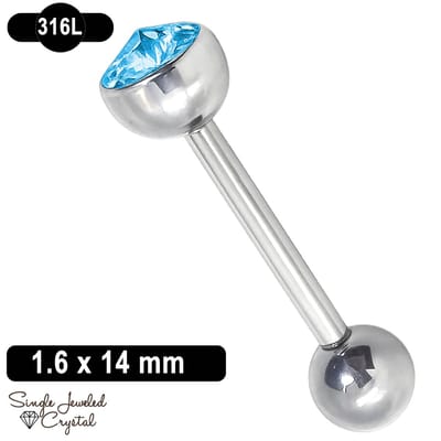 Tongpiercing - 1.6 x 14 mm - 316L Chirurgisch Staal - Barbell - Cone Kristal - Aqua Blauw