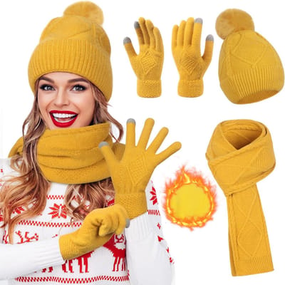 Dikke Fleece Gevoerde Winterset voor Vrouwen met Beanie, Sjaal en Touchscreen Handschoenen voor Buitenactiviteiten