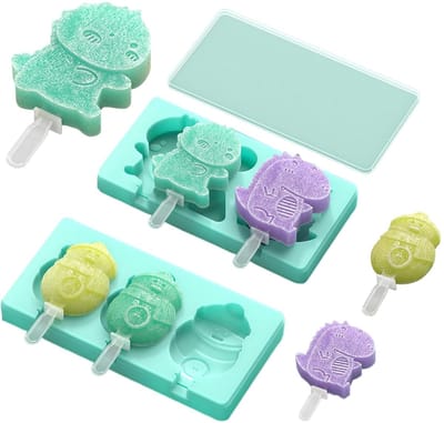 Dailygoods- IJsvormen Siliconen met Deksel - 2 Stuks Popsicle - Ijslollyvormen - Dinosaurus/Sneeuwpop - Grappige Motieven - Inclusief 12 Stokjes - Ijsjesvorm