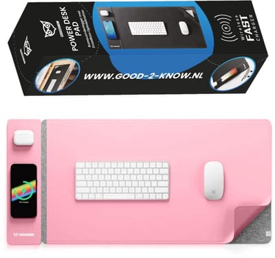 Good2know XXL muismat met 20W draadloze Qi-oplader – waterdicht & anti‑slip bureaumat - Roze