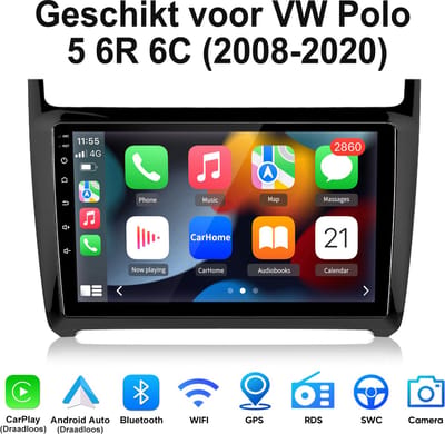 Junsun Android 15 Autoradio Geschikt voor VW Polo 5 6R 6C (2008-2020), Draadloze CarPlay & Andriod Auto, Bluetooth, GPS-navigatiesysteem, WiFi, Stuurwielbediening, DAB+, Handsfree-systeem, 9-inch Touchscreen, DSP, Quad-core processor - Plug & Play