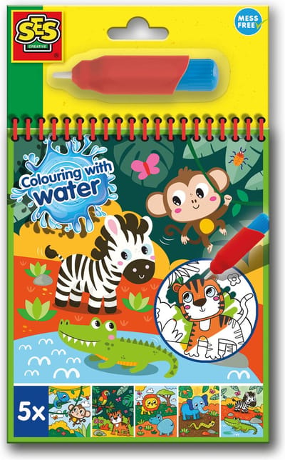 SES Creative - Kleuren met water kleurboek Safari- Met herbruikbare waterstift - Kleuren zonder knoeien - Herbruikbare kleurplaten