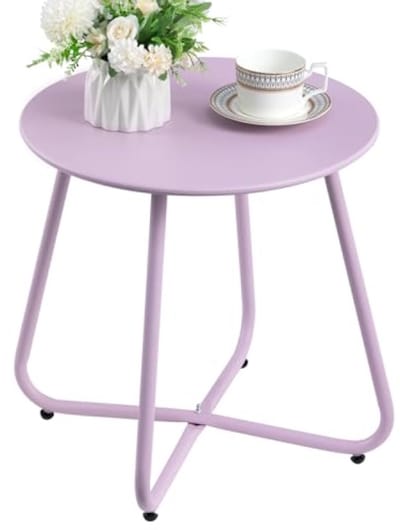 Ronde bijzettafel voor buiten - Verstelbare hoogte - Lichtpaars - Weerbestendig metaal - Diameter 43.5 cm - Draagbaar voor terras, balkon of woonkamer