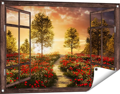 Gards Tuinposter Doorkijk Mooi Landschap met Rode Bloemen en Zonsondergang - 90x60 cm - Tuindoek - Tuindecoratie - Wanddecoratie buiten - Tuinschilderij