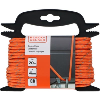 BLACK+DECKER Spanband met Oproller 20 Meter - Incl. Spanband Oproller - Sjorband - Transport Touw - Elastisch Koord - met Reflecterende Delen - Transportbeheer - Nylon/ Kunststof - Oranje/Zwart