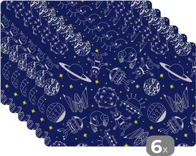 Placemat - Placemats kunststof - Ruimte - Sterren - Patronen - Planeten - 45x30 cm - 6 stuks - Hittebestendig - Anti-Slip - Onderlegger - Afneembaar