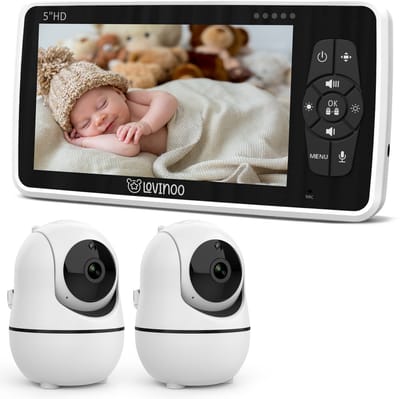 Lovinoo Babyfoon met 2 Camera's - Baby Monitor - Op Afstand Bestuurbaar - Babyphone - Temperatuursensor - Uitbreidbaar Tot 4 Camera's - Terugspreekfunctie - Zonder Wifi en App - 5.0 Inch HD Scherm