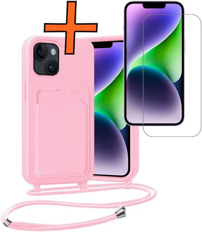Hoesje Geschikt voor iPhone 13 Hoesje Met Telefoonketting Pasjeshouder Case Met Screenprotector Koord - Hoesje Geschikt voor iPhone 13 Hoes Met Kaarthouder - Lichtroze