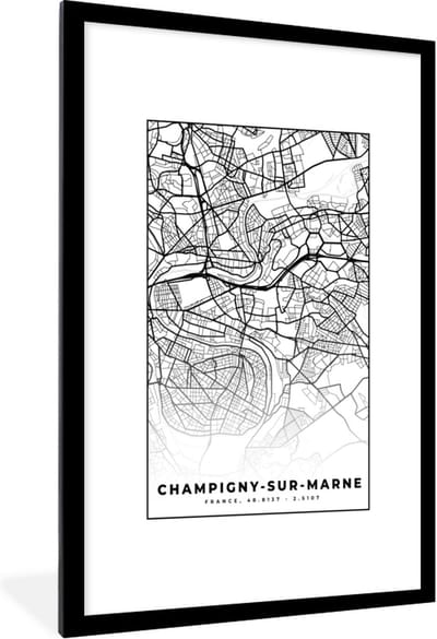 Fotolijst incl. Poster Zwart Wit- Kaart - Plattegrond - Champigny-sur-Marne - Frankrijk - Stadskaart - Zwart wit - 80x120 cm - Posterlijst