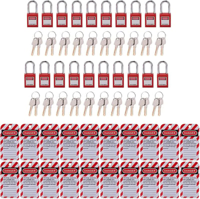Lockout tagout set - Rood - Veiligheidsset met 20 herbruikbare etiketten - Roestvrij staal en nylon - Voor industriële toepassingen