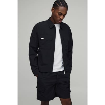 Regulier Gecoat Nylon Cargo Overshirt & Ontspannen Short Set | Black | Size Large