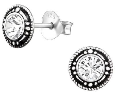 Joy|S - Zilveren Bali rond oorbellen - 7 mm - La Crystale kristal - geoxideerd