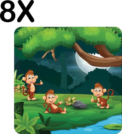 Luxe Placemat - Vrolijke Aapjes bij een Rivier - Getekend - Set van 8 Placemats - 50x50 cm - 2 mm dik Vinyl - Anti Slip - Afneembaar