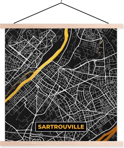 Posterhanger incl. Poster 40x40 cm - Schoolplaat - Plattegrond – Kaart – Stadskaart – Frankrijk – Sartrouville - Textielposter - Blanke latten - Stadskaart