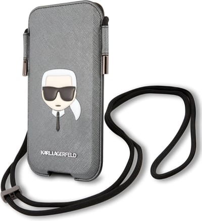 Karl Lagerfeld, Hoesje geschikt voor Universele Smartphone 6.1 inch - Karl Head Series Saffiano met Koord, Grijs