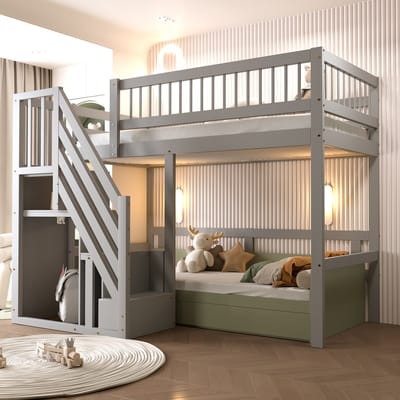 Massief Houten Hoogslaper 90x200 cm - trap met opbergkast - kinderbed - eenpersoonsbed - grijs
