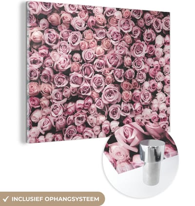 MuchoWow® Glasschilderij 40x30 cm - Schilderij acrylglas - Bloemen - Rozen - Natuur - Roze - Botanisch - Foto op glas - Schilderijen