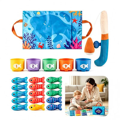 Visspel voor Kinderen - 15 Vissen, 5 Bekers en Hengel - Jouets de pêche Magnétique 3D - Jeu Éducatif Pour Bébé Et Enfant - Blauw
