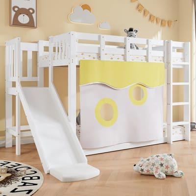 Stapelbedden - 90x200cm - Houten Hoogslaper Met Trap En Reling - Met Bedgordijn En Glijbaan - Kinderbed Met Veiligheidshek - MDF + Kiefer - Wit