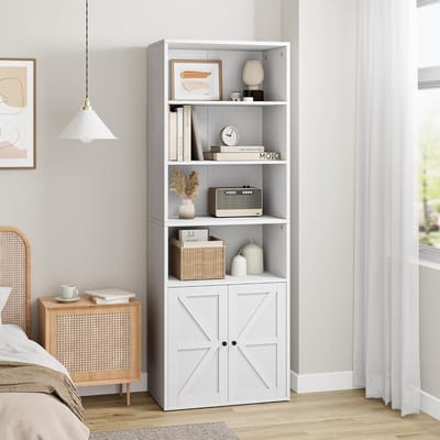 Witte Boekenkast met Deurtjes - Landelijk 'Farmhouse' Design - 6 Niveaus - Hoge Opbergkast voor Woonkamer & Kantoor - 181 cm Hoog