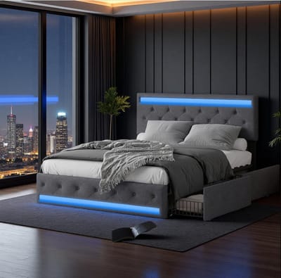 Opbergbed 160x200 cm grijs linnen met 4 lades, USB- en USB-C-oplaadpoort, LED-verlichting en lattenbodem, gestoffeerd tweepersoonsbed