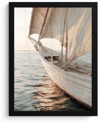 Poster in lijst - Fotolijst 30x40 cm - Posters - Zeilboot - Zee - Beige - Zon - Posterlijst zwart - Decoratie - Wanddecoratie woonkamer - Muurdecoratie slaapkamer