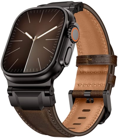 Luxe leren bandje - geschikt voor Apple Watch series 1/2/3/4/5/6/7/8/9/10/11/ SE (1,2,3) / Ultra (1,2,3) met maat 44 mm / 45 mm / 46 mm / 49 mm - nappa leer met zwarte gesp - donkerbruin