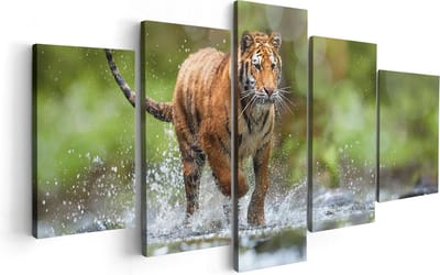 Artaza Canvas Schilderij Vijfluik Tijger Loopt In Het Water - 100x50 - Foto Op Canvas - Canvas Print