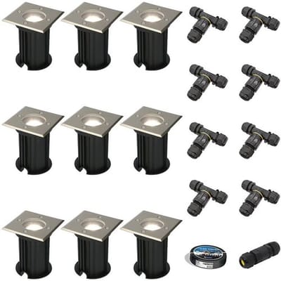 Set van 9 Ramsay LED Grondspot - Dimbaar - Vierkant - GU10 - 4W 345lm - 6500K daglicht wit - RVS - IP67 waterdicht - Tuinspot - Oprit - Inclusief installatiemateriaal (Kabel & connector)