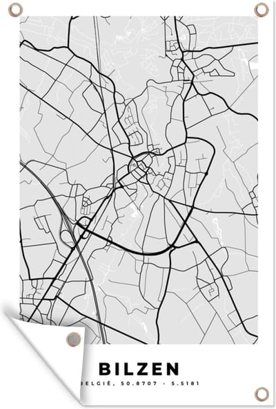 Muurdecoratie Zwart Wit – België – Plattegrond – Stadskaart – Kaart – Bilzen - 120x180 cm - Tuinposter - Tuindoek